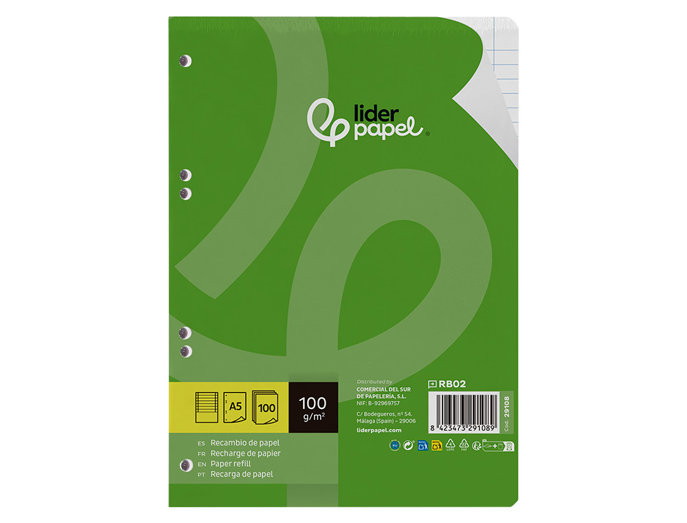 RECAMBIO LIDERPAPEL A5 100 H 100G/M2 HORIZONTAL DOBLE MARGEN 6 TALADROS