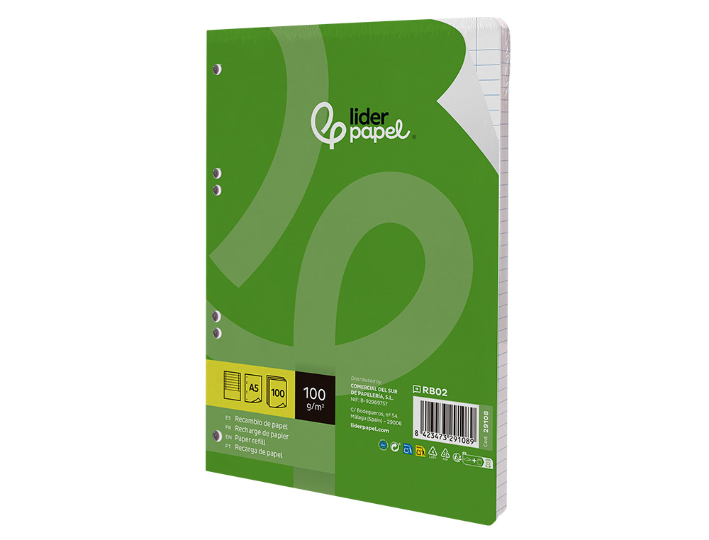 RECAMBIO LIDERPAPEL A5 100 H 100G/M2 HORIZONTAL DOBLE MARGEN 6 TALADROS
