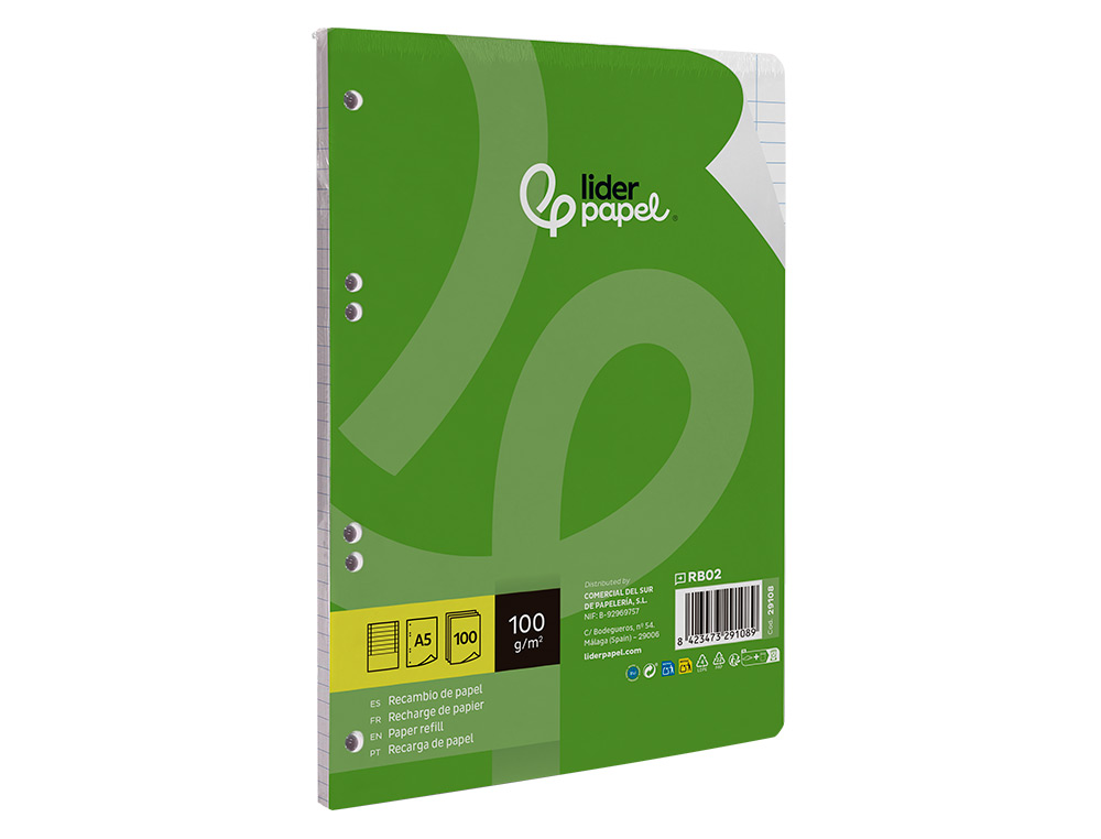 RECAMBIO LIDERPAPEL A5 100 H 100G/M2 HORIZONTAL DOBLE MARGEN 6 TALADROS