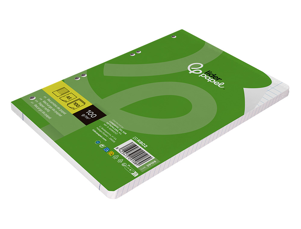 RECAMBIO LIDERPAPEL A5 100 H 100G/M2 HORIZONTAL DOBLE MARGEN 6 TALADROS